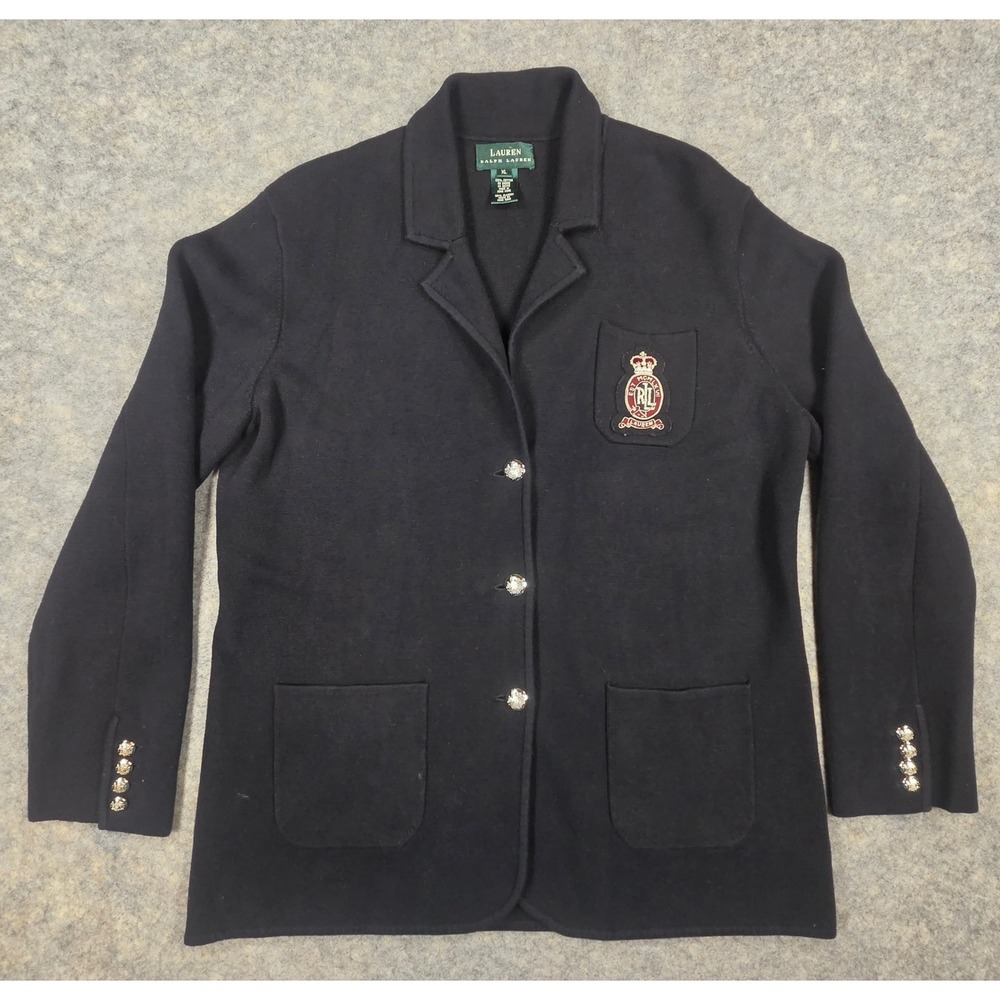 Lauren Ralph Lauren Black Cotton Knit Crest Blazer Jacket Pockets
